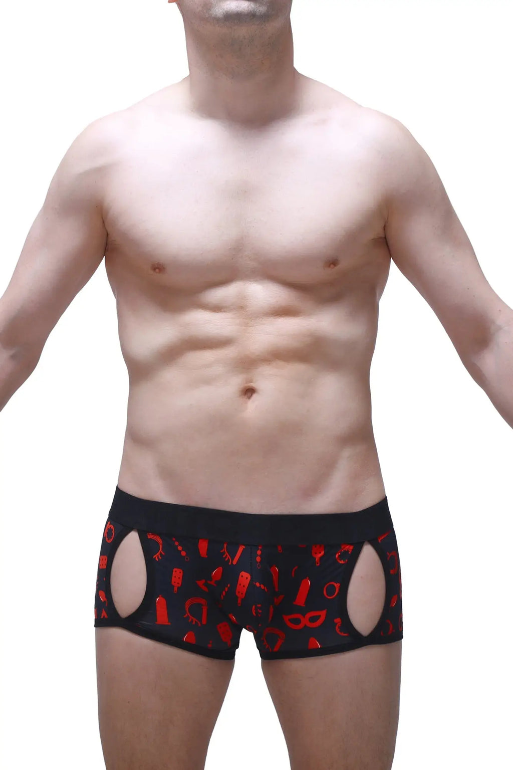 Black men’s briefs petitq boxer anzex boudoir with red cut-out patterns and side openings in front view