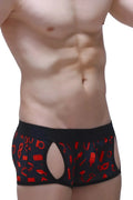 Black petitq boxer anzex boudoir briefs with red erotic graphics and cut-out sides for intimate wear