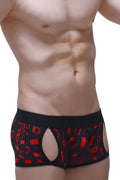 Black petitq boxer anzex boudoir briefs with red erotic graphics and cut-out sides for intimate wear