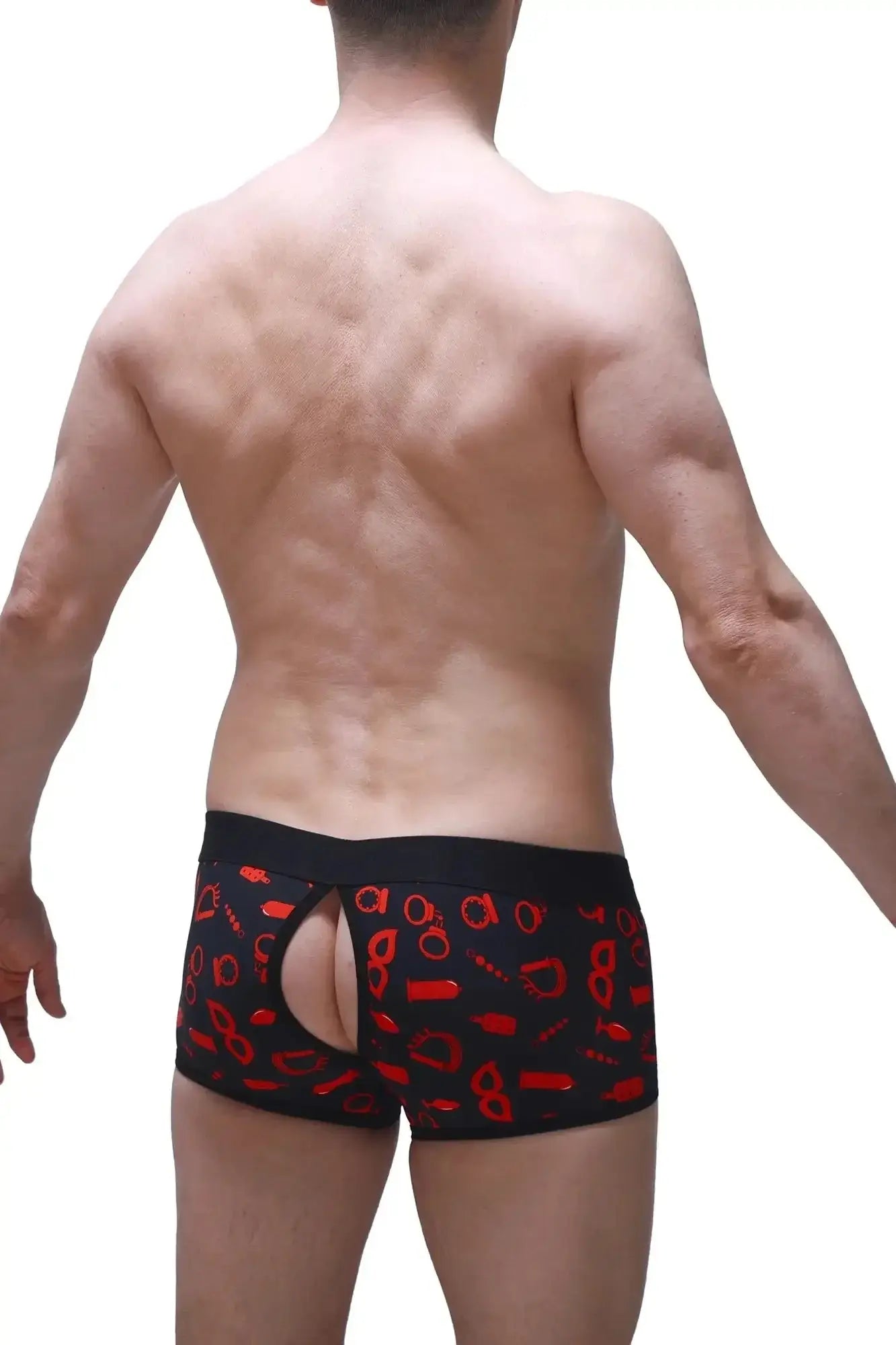 Black petitq boxer anzex boudoir briefs with red handcuffs keys and jail-themed pattern on smooth fabric