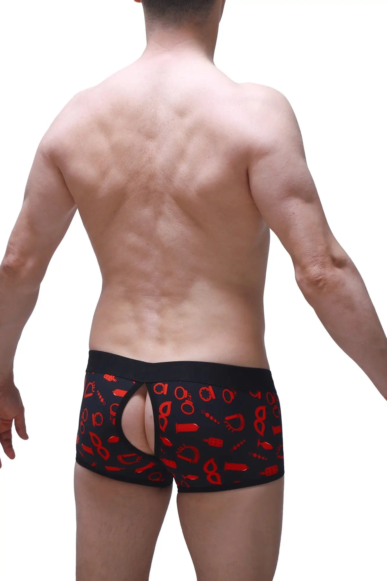 Black petitq boxer anzex boudoir briefs with red handcuffs keys and jail-themed pattern on smooth fabric