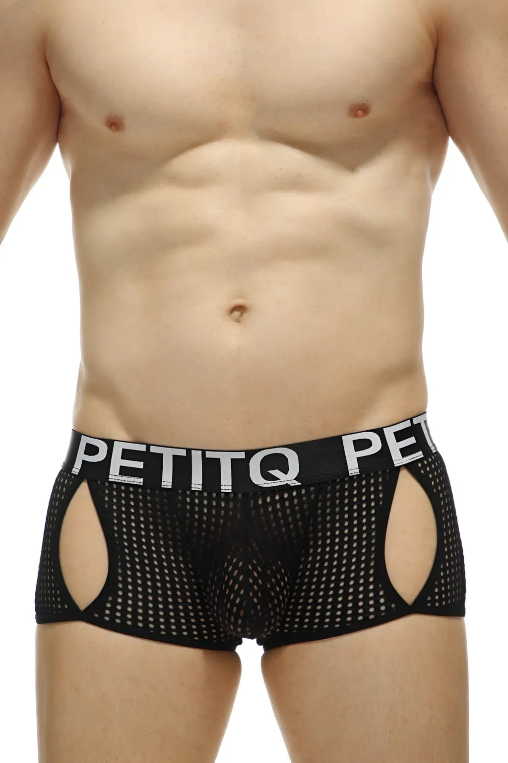 Black mesh petitq boxer anzex durtol briefs with bold white waistband and distinctive cutout sides