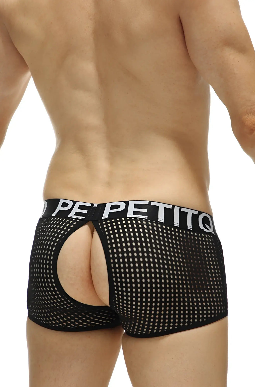 Black mesh briefs with a white petitq logo band from the PetitQ Boxer Anzex Durtol Black collection