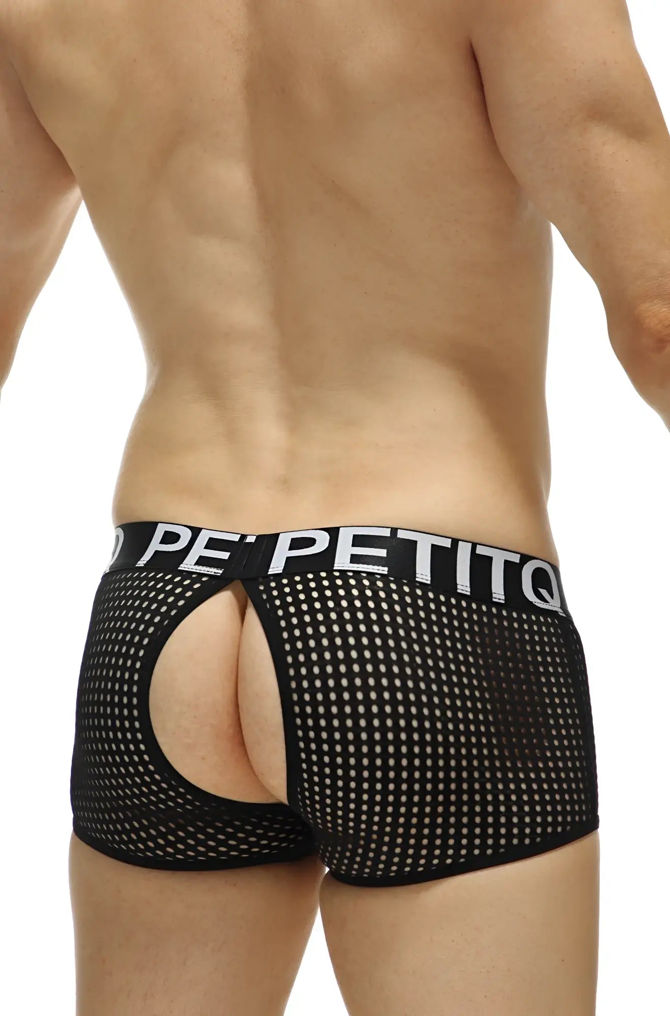 Black mesh briefs with a white petitq logo band from the PetitQ Boxer Anzex Durtol Black collection
