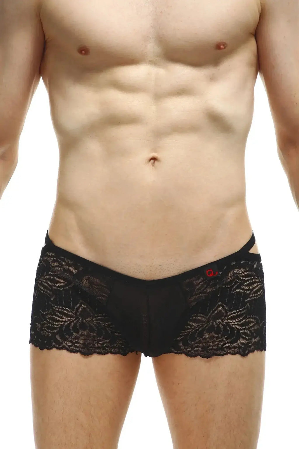 PetitQ boxer Baden lace black men’s briefs in black with floral lace trim and a small red logo on the waistband