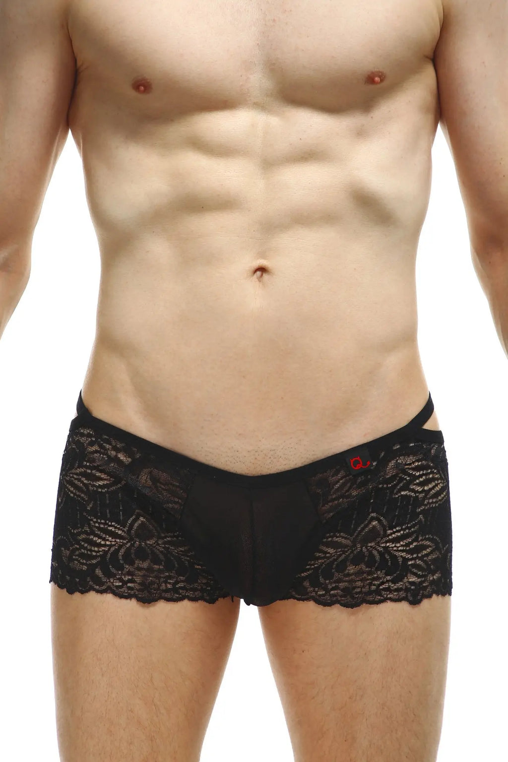 PetitQ boxer Baden lace black men’s briefs in black with floral lace trim and a small red logo on the waistband