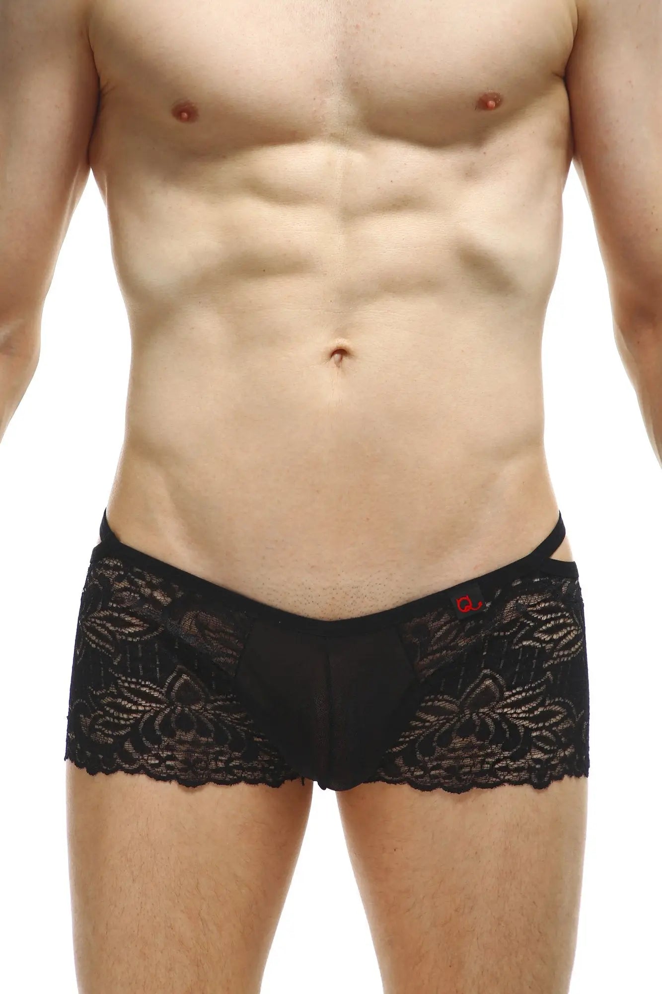 PetitQ boxer Baden lace black men’s briefs in black with floral lace trim and a small red logo on the waistband
