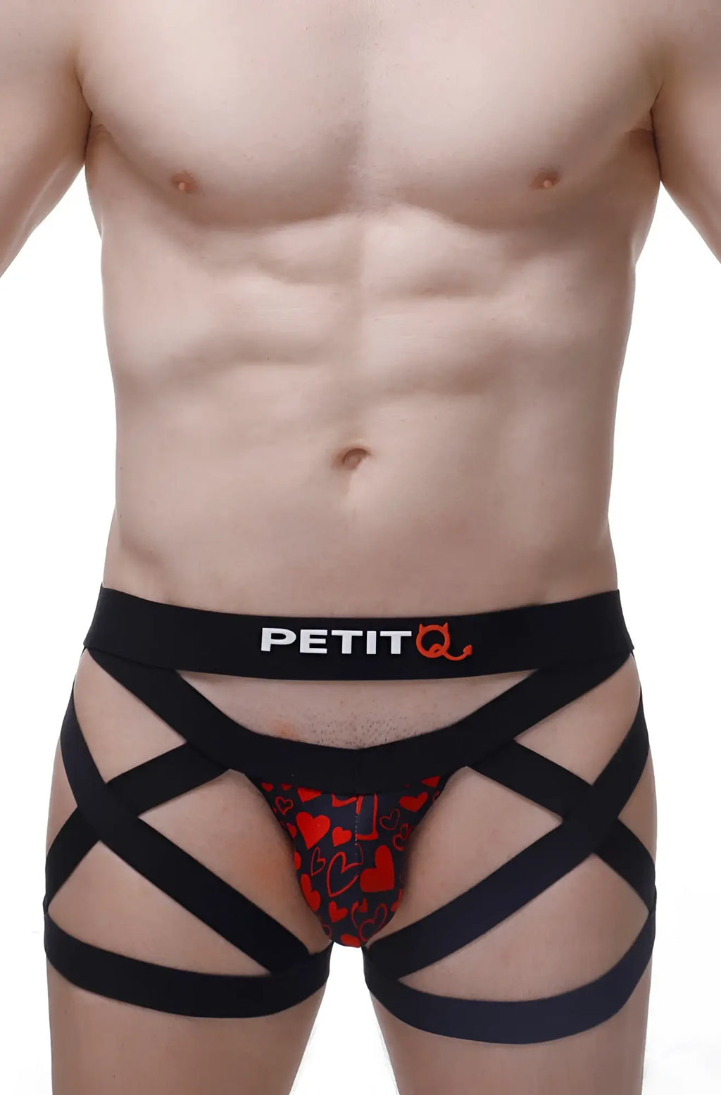 Black strappy mens underwear with red heart pattern and petitq logo on waistband petitq boxer blost king of hearts