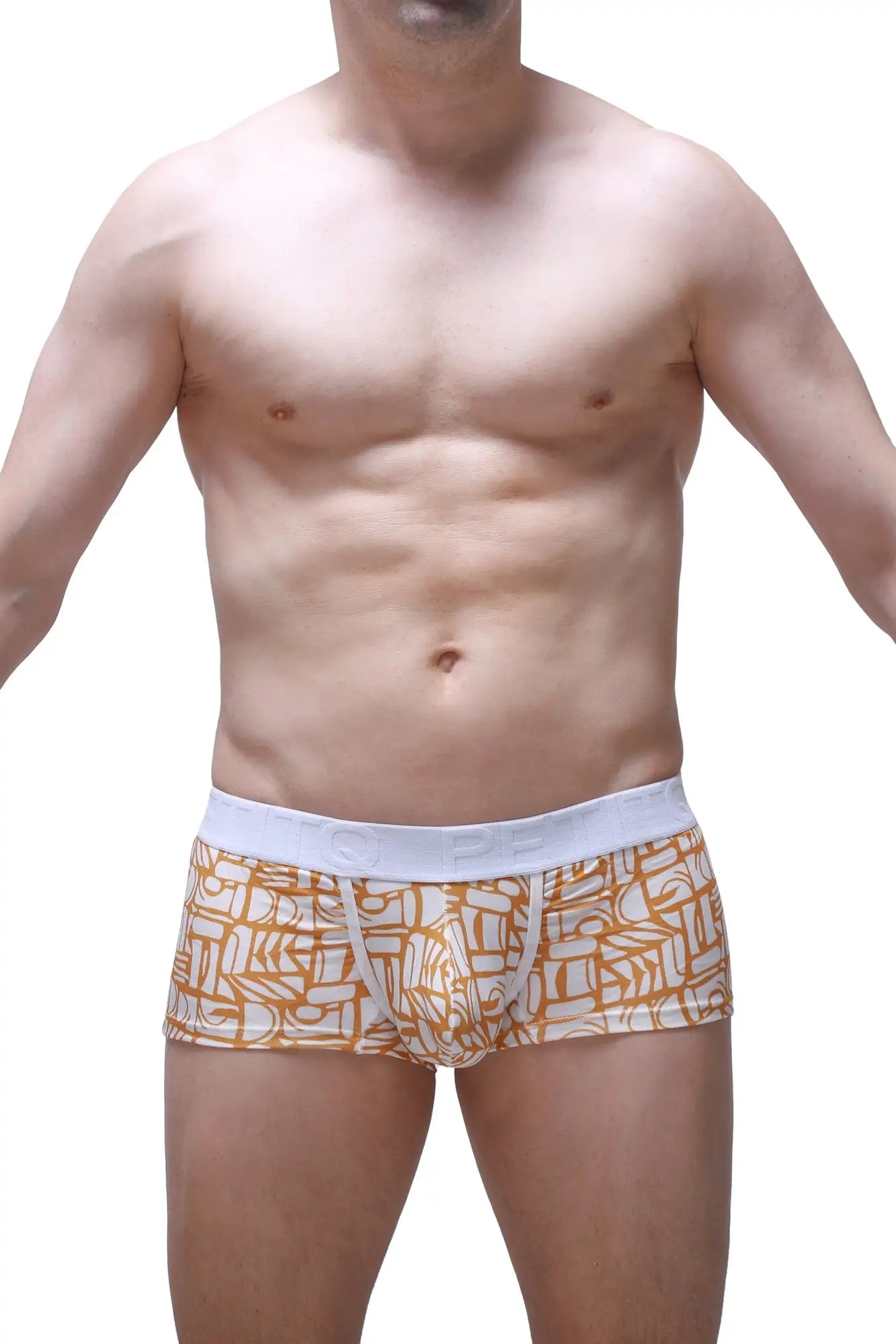 Orange and white geometric patterned petitq boxer brief carlot alloy with solid white elastic waistband for men