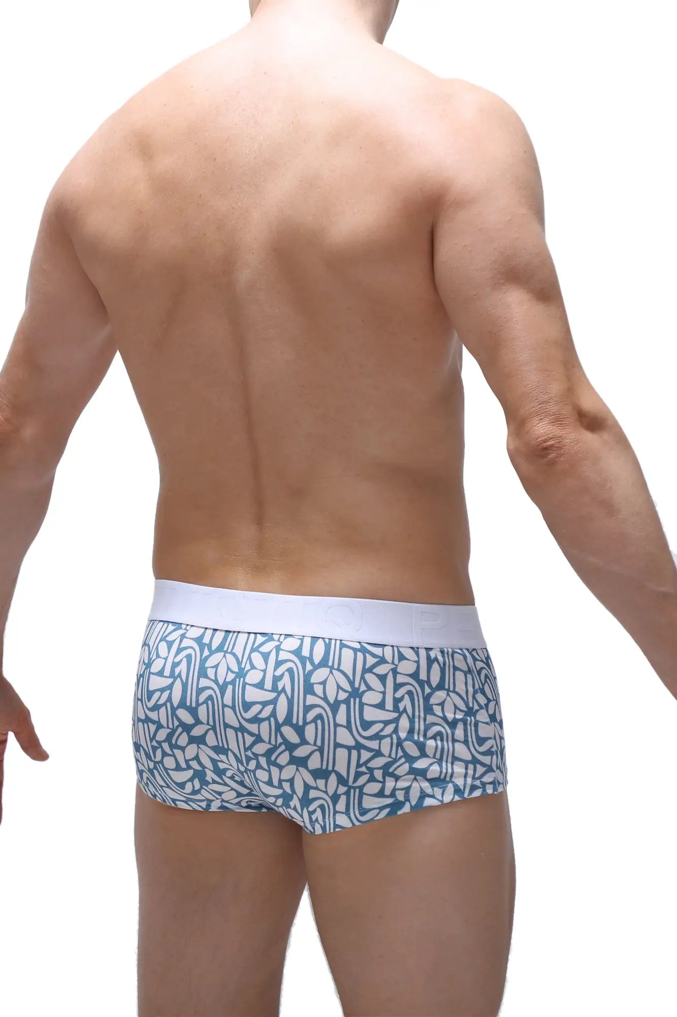 Petitq boxer brief carlot blue shows blue and white patterned men’s briefs with a solid white waistband