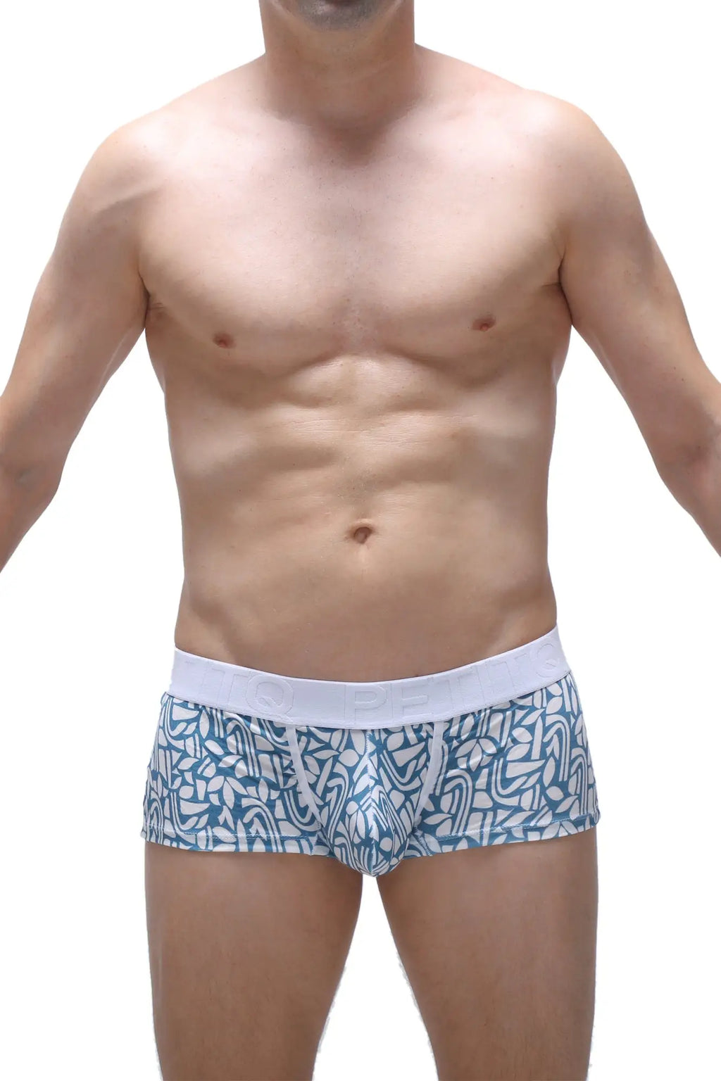 PetitQ boxer brief Carlot blue featuring blue and white patterned fabric with a solid white waistband for comfort