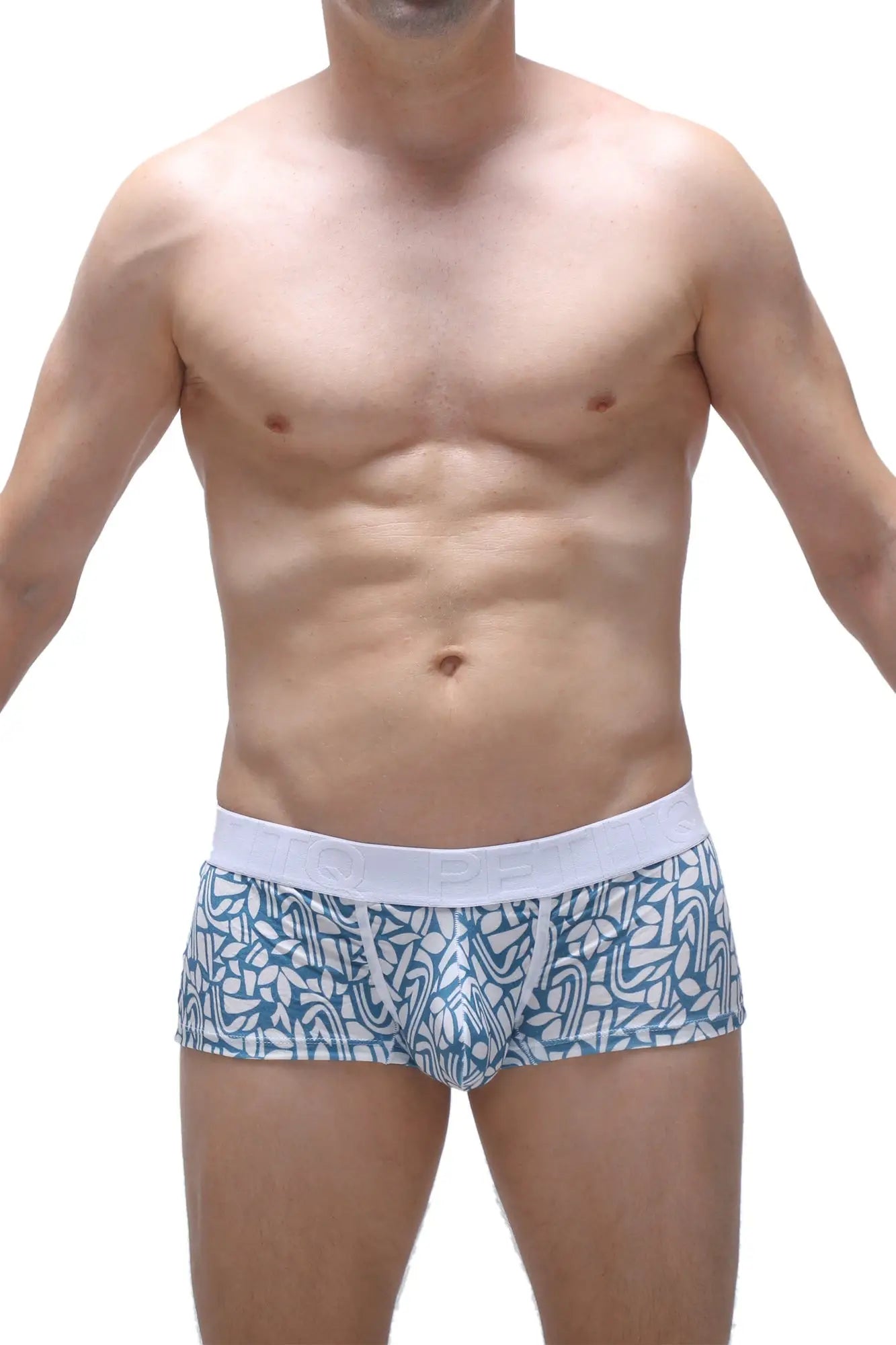 PetitQ boxer brief Carlot blue featuring blue and white patterned fabric with a solid white waistband for comfort