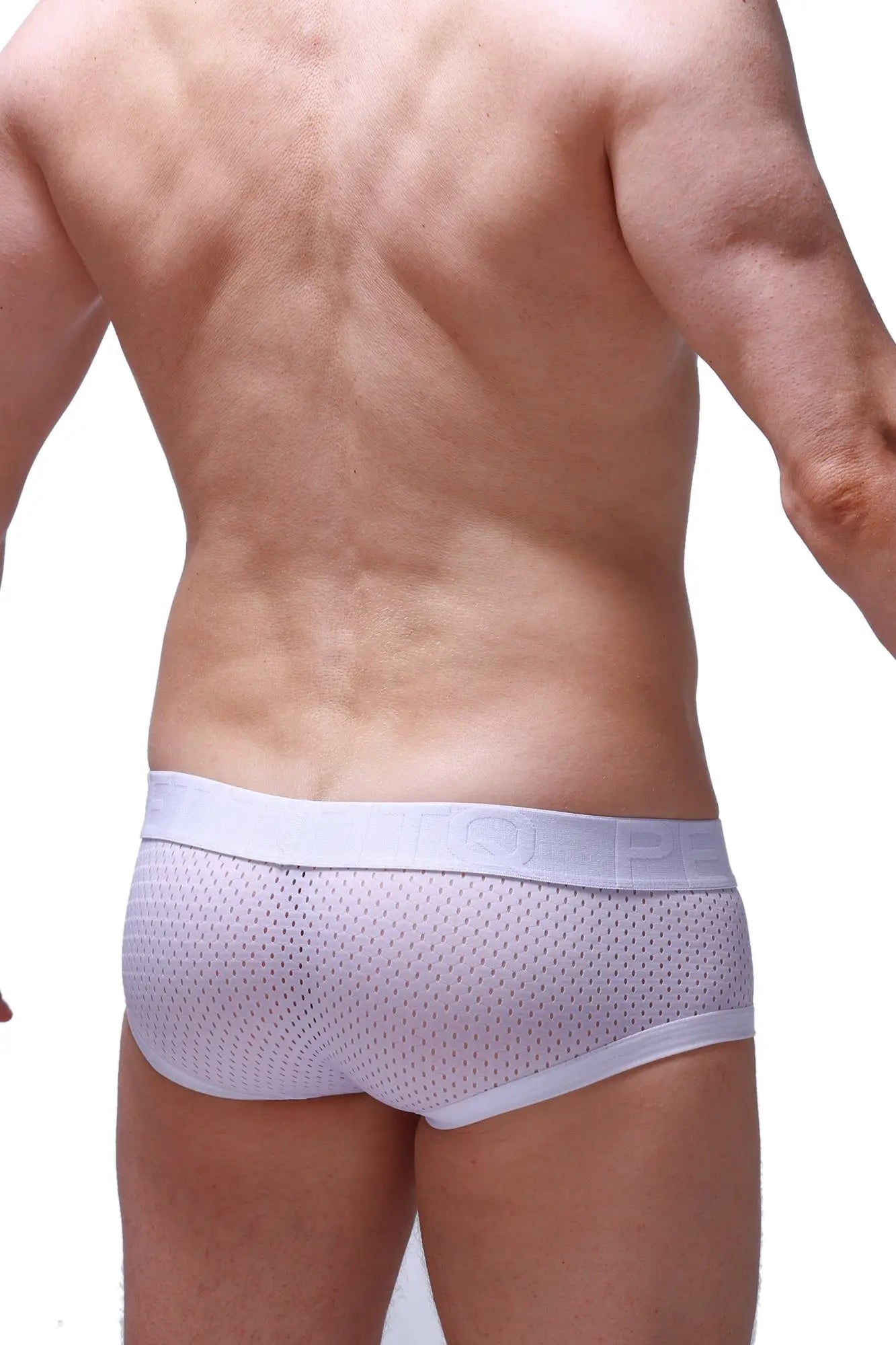 White mesh petitq boxer brief chill bee with solid white waistband and subtle quppe branding