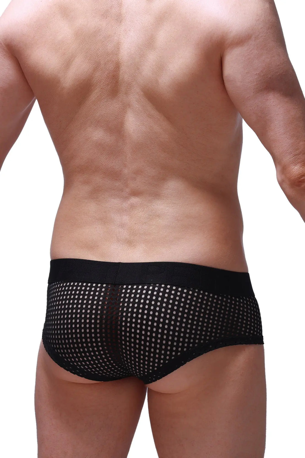 PetitQ boxer brief chill durtol black black mesh briefs with solid waistband and white dot pattern front view