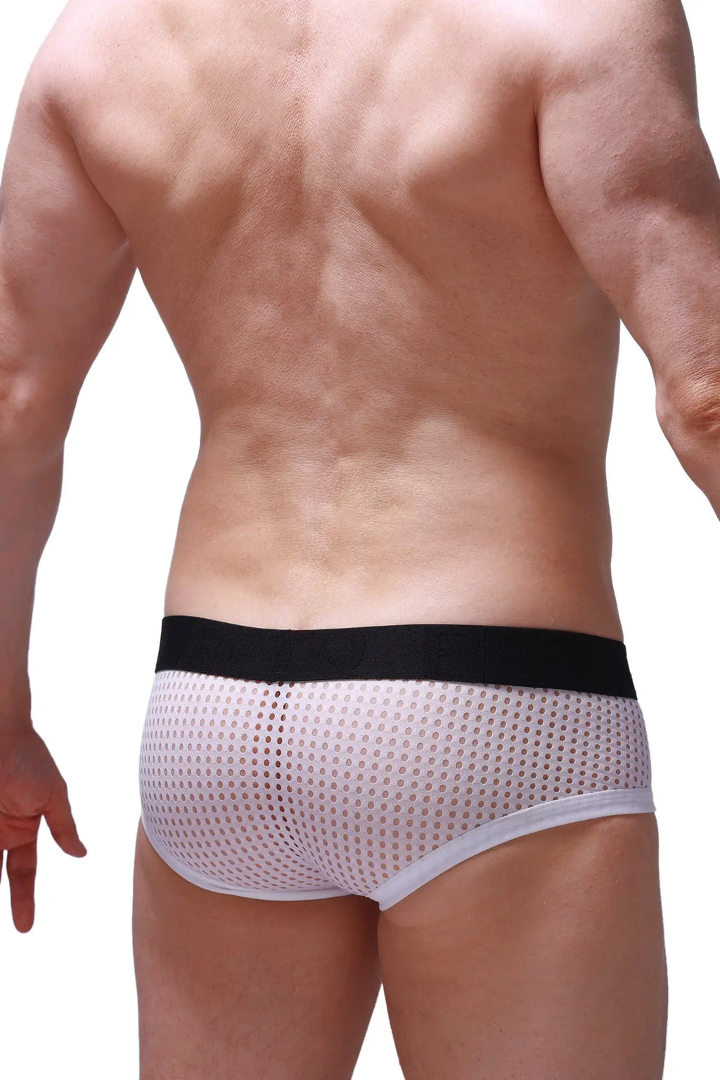 White mesh petitq boxer briefs with a black waistband designed for comfort and breathability
