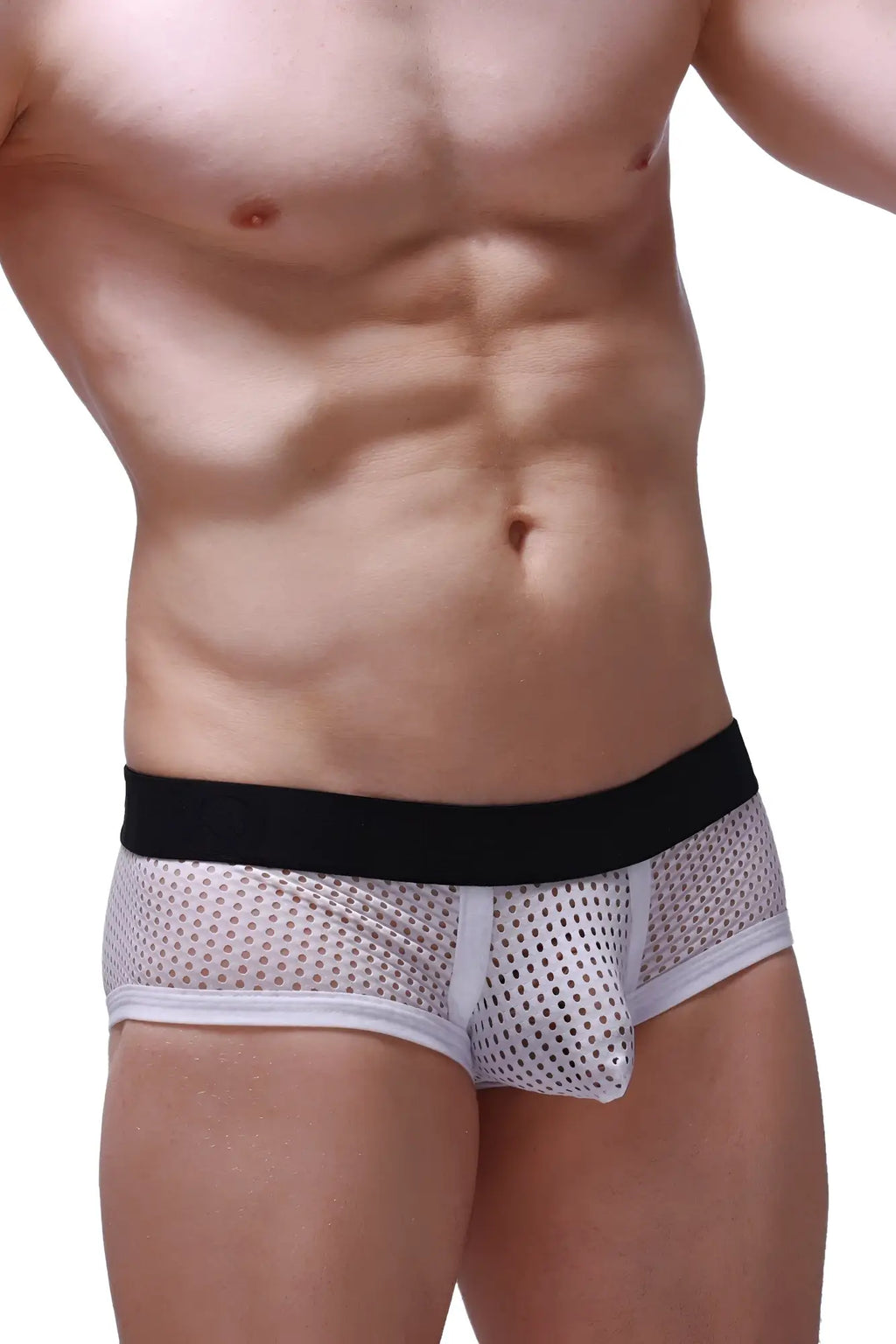 White mesh petitq boxer brief chill durtol with black waistband and white trim highlighting breathable comfort