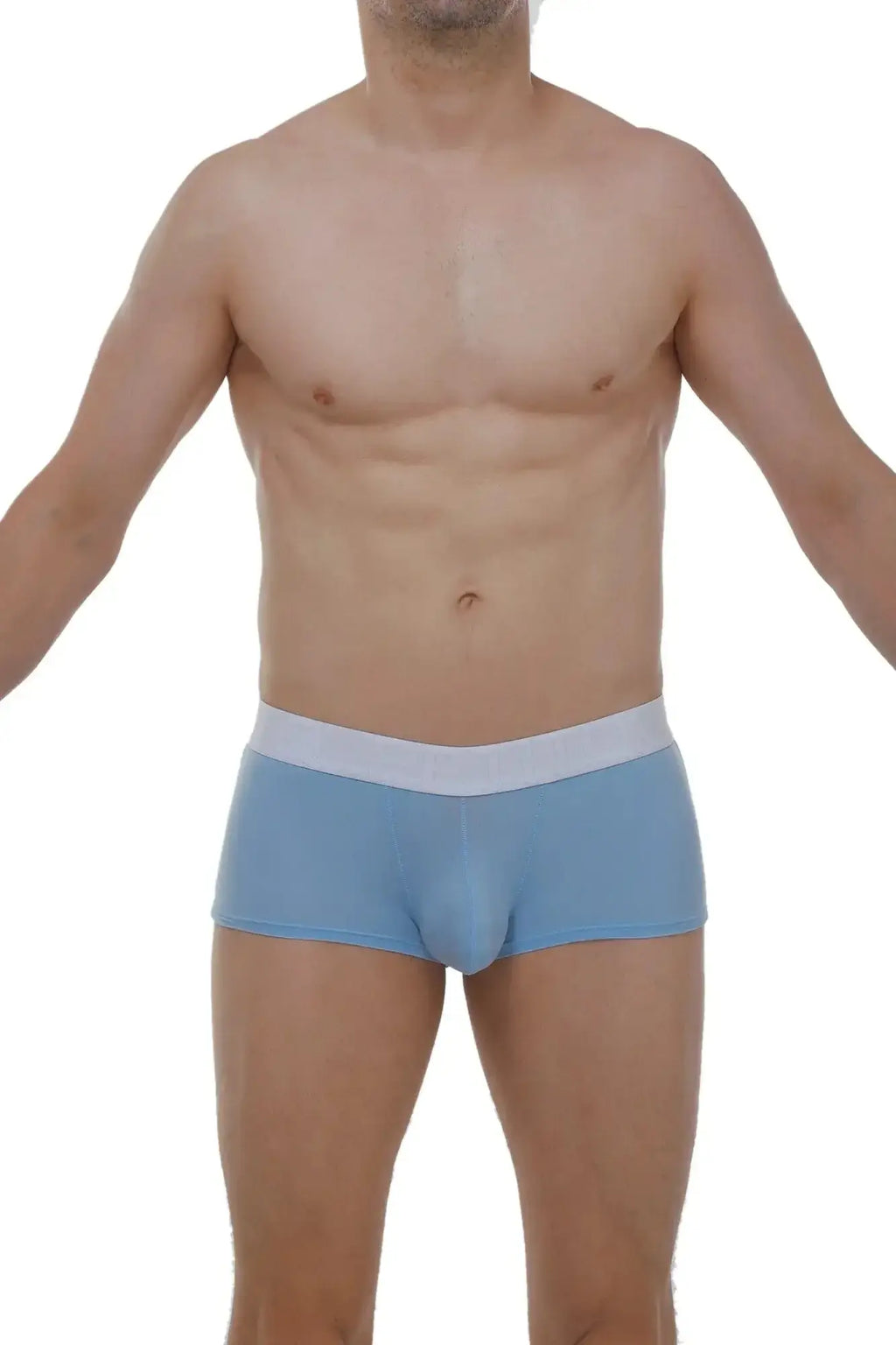 Light blue PetitQ boxer briefs with a contrasting white waistband made from dome skin fabric for comfort