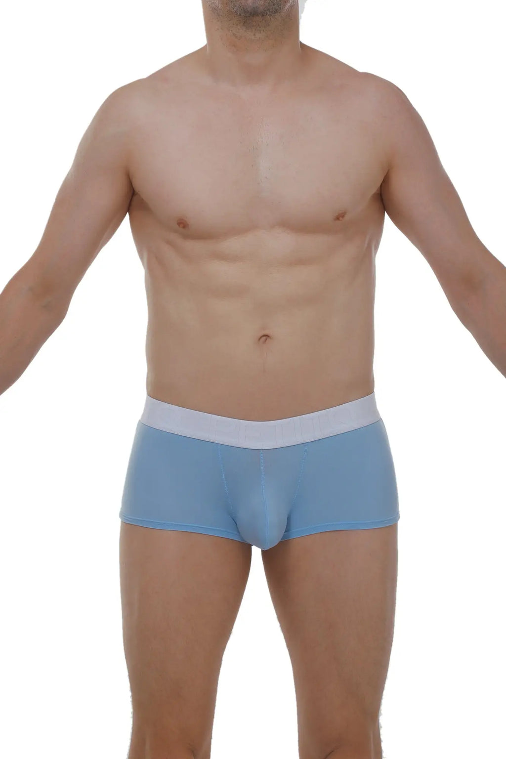Light blue PetitQ boxer briefs with a contrasting white waistband made from dome skin fabric for comfort