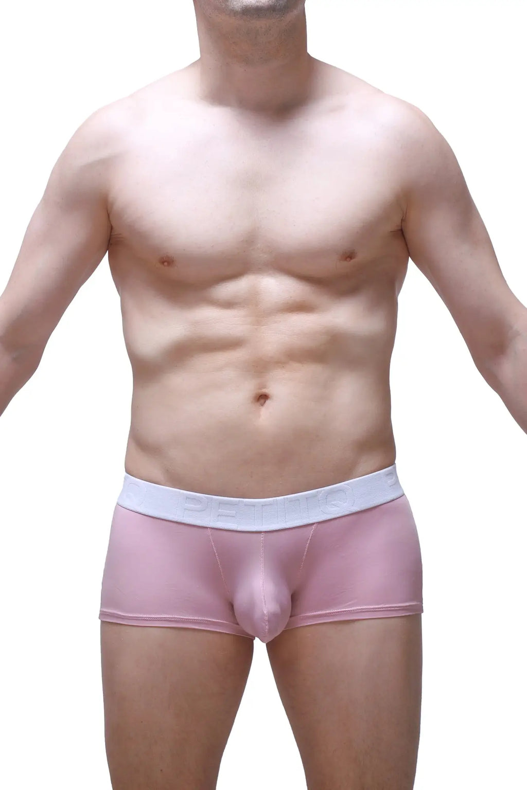 Pink men’s briefs with white elastic waistband petitq boxer brief dome skine tea rose style front view