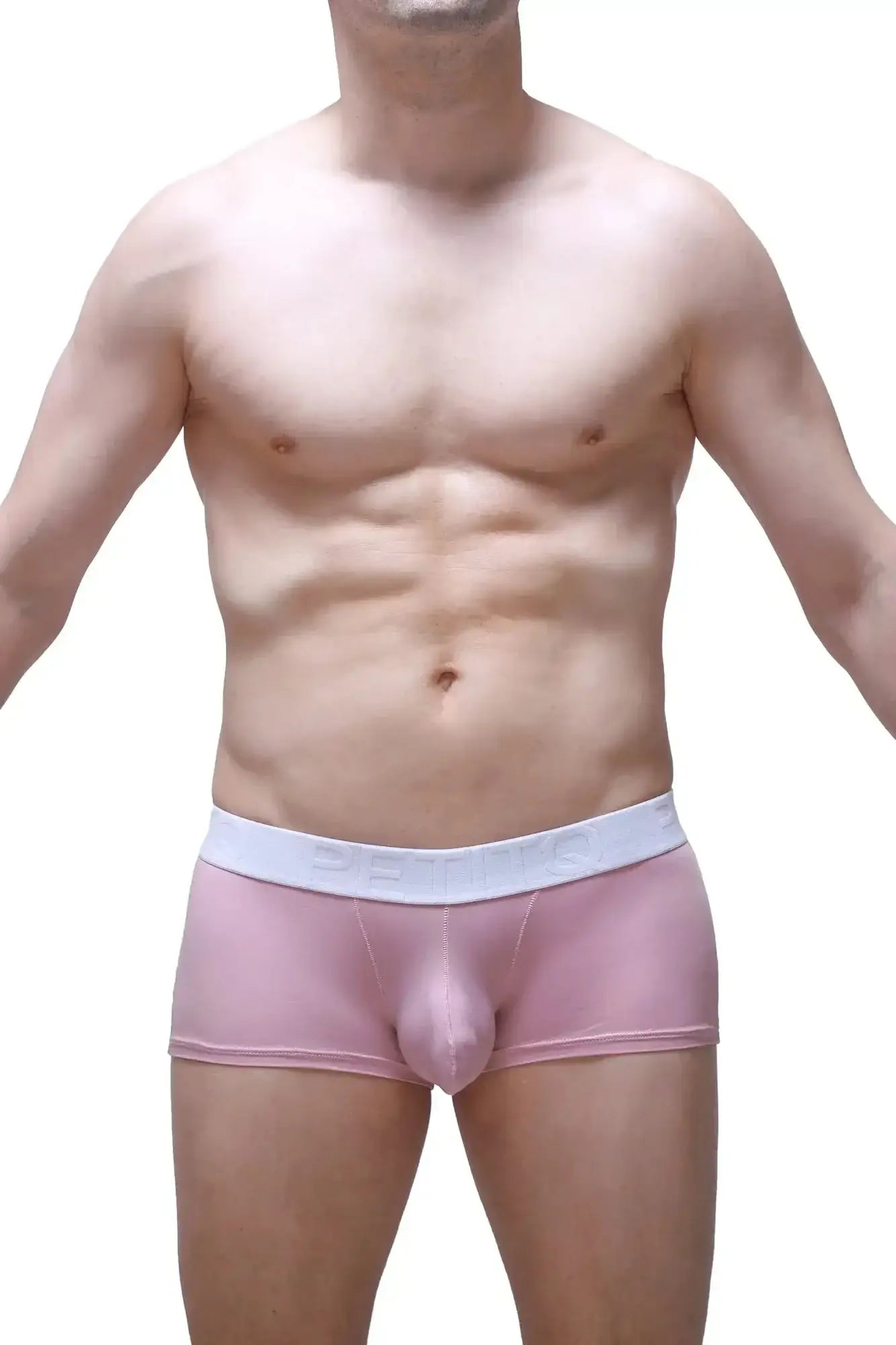 Pink men’s briefs with white elastic waistband petitq boxer brief dome skine tea rose style front view