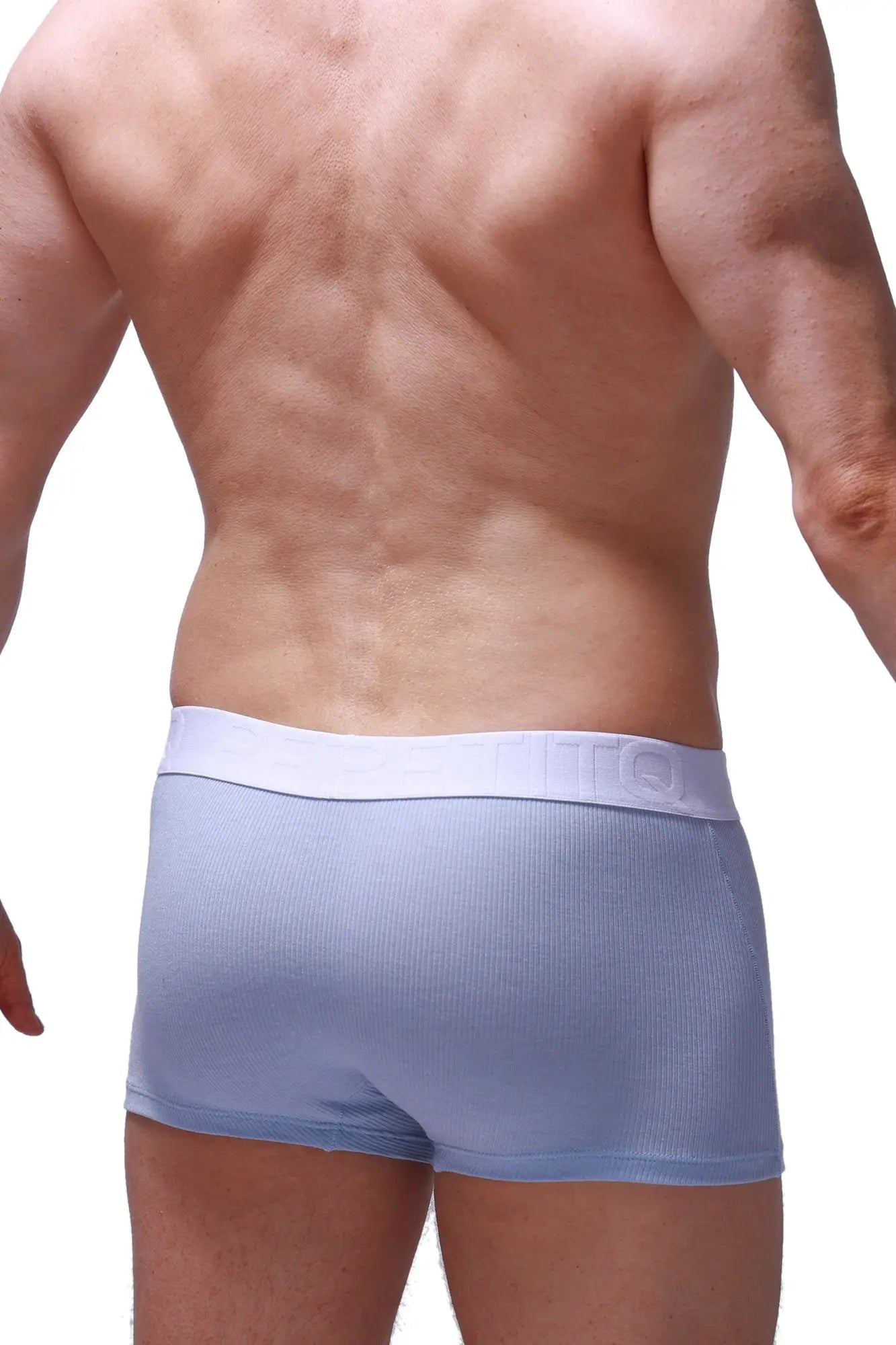 PetitQ boxer brief hang rib sky blue light blue ribbed men’s briefs with white elastic waistband and brand logo