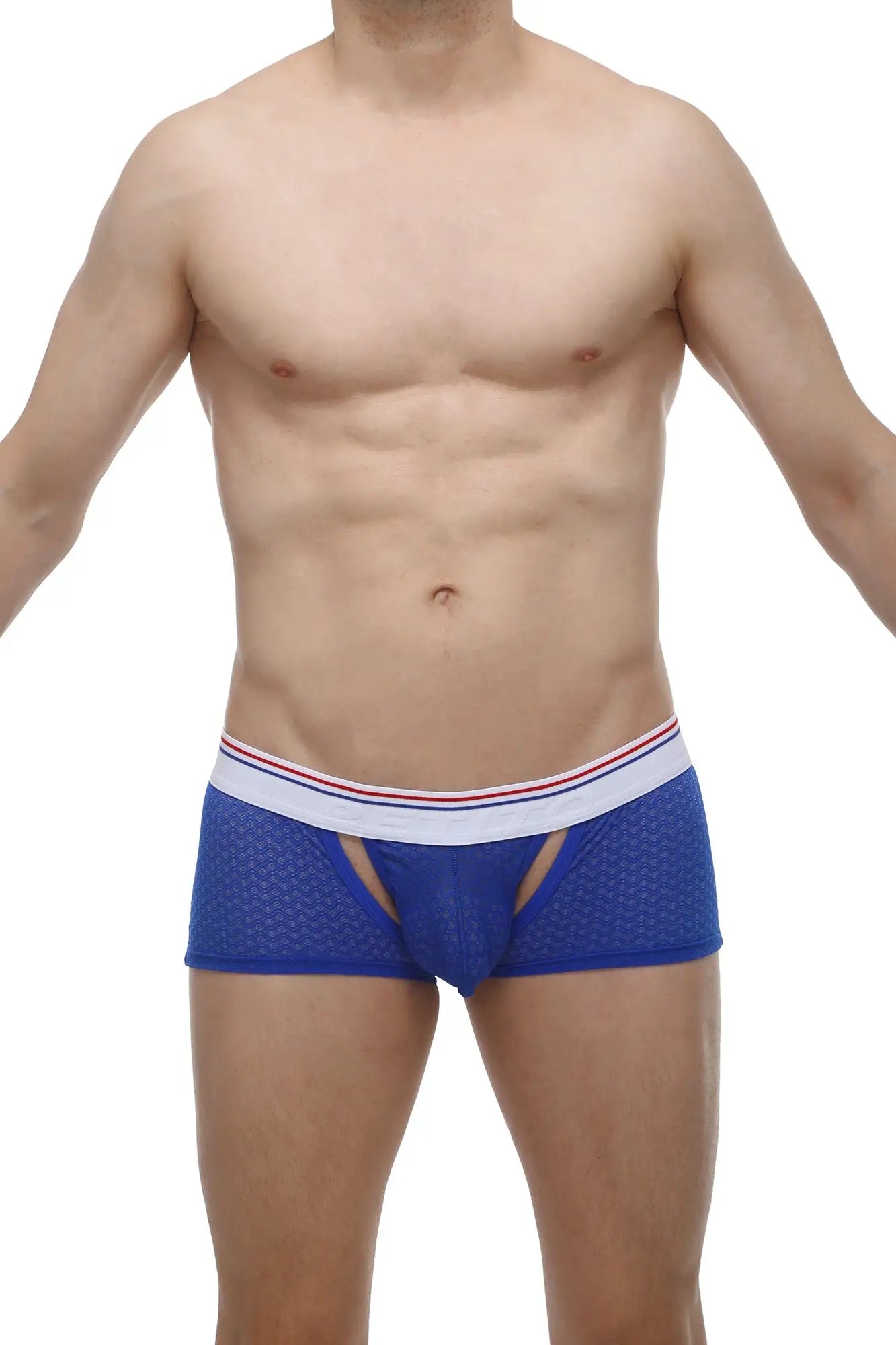 Petitq boxer brief huleu macra blue blue mesh briefs with white waistband and red and blue stripe accents