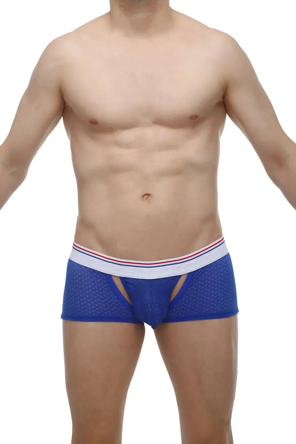 Petitq boxer brief huleu macra blue blue mesh briefs with white waistband and red and blue stripe accents