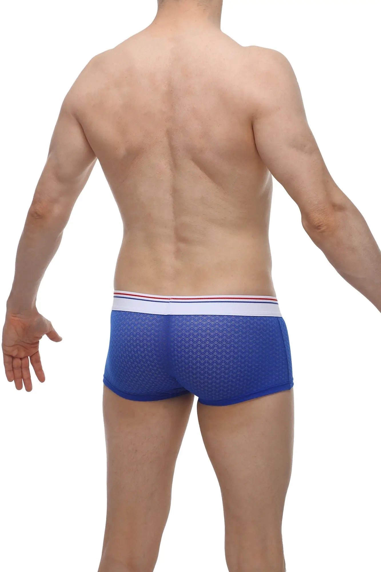 PetitQ boxer brief Huleu Macra blue mesh briefs with white waistband and thin red and blue stripes front view