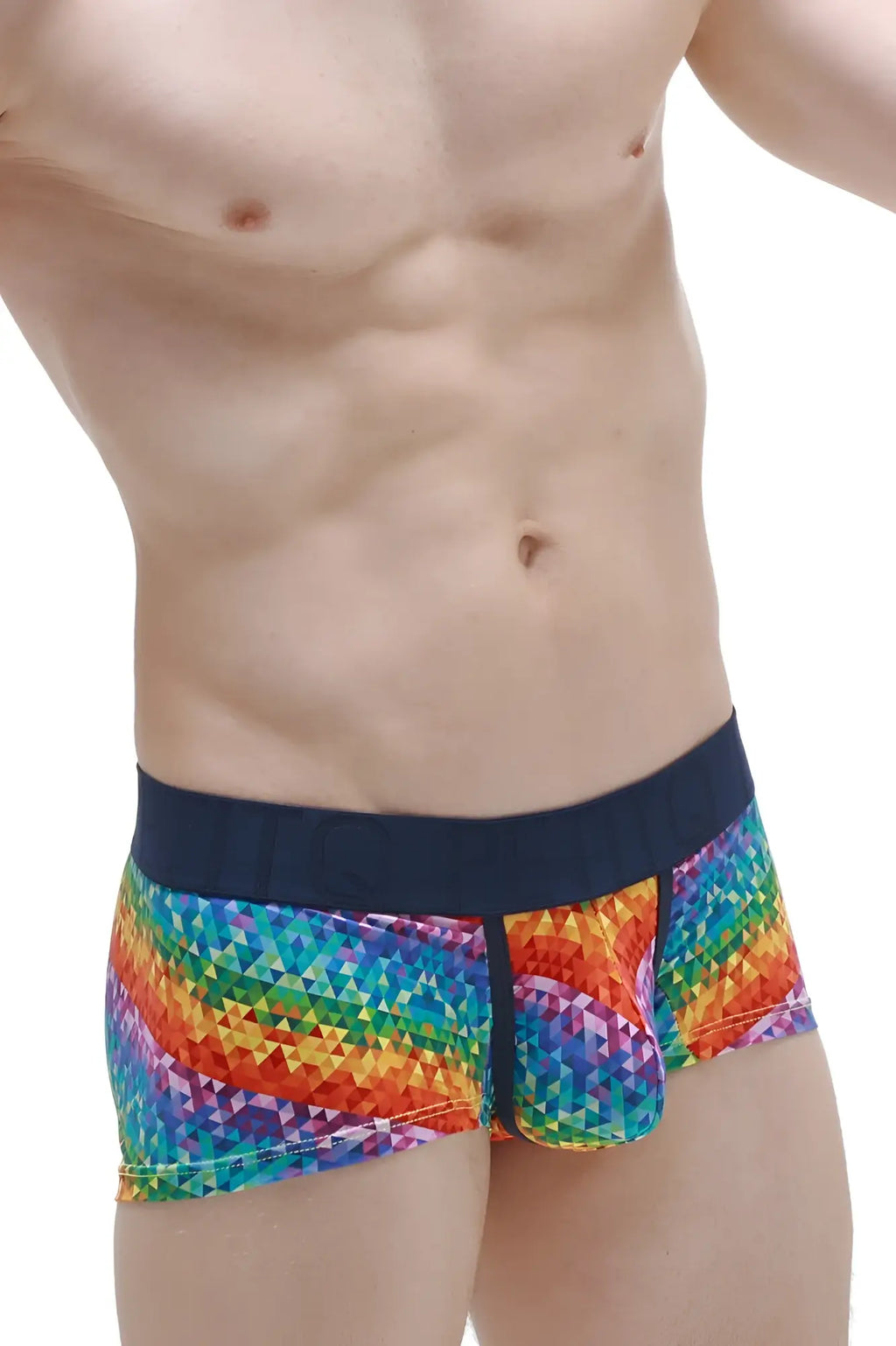 PetitQ boxer brief Kaleidoscope rainbow-colored geometric pattern with solid navy waistband men’s underwear