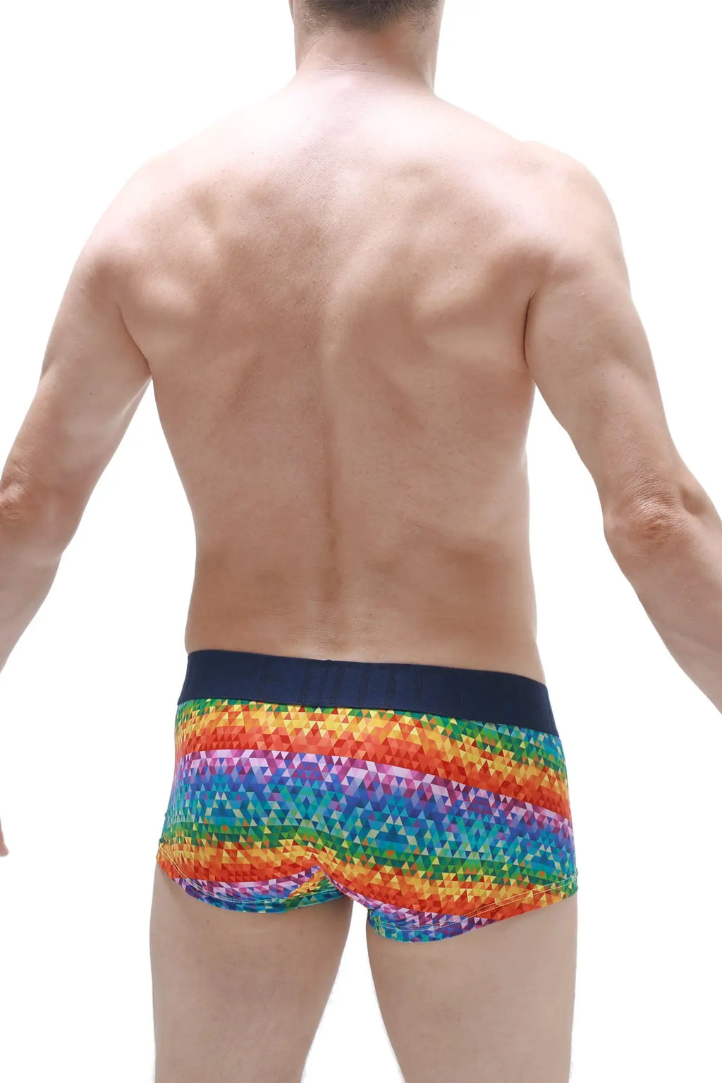 PetitQ boxer brief kaleidoscope men’s briefs with rainbow geometric pattern and solid navy waistband