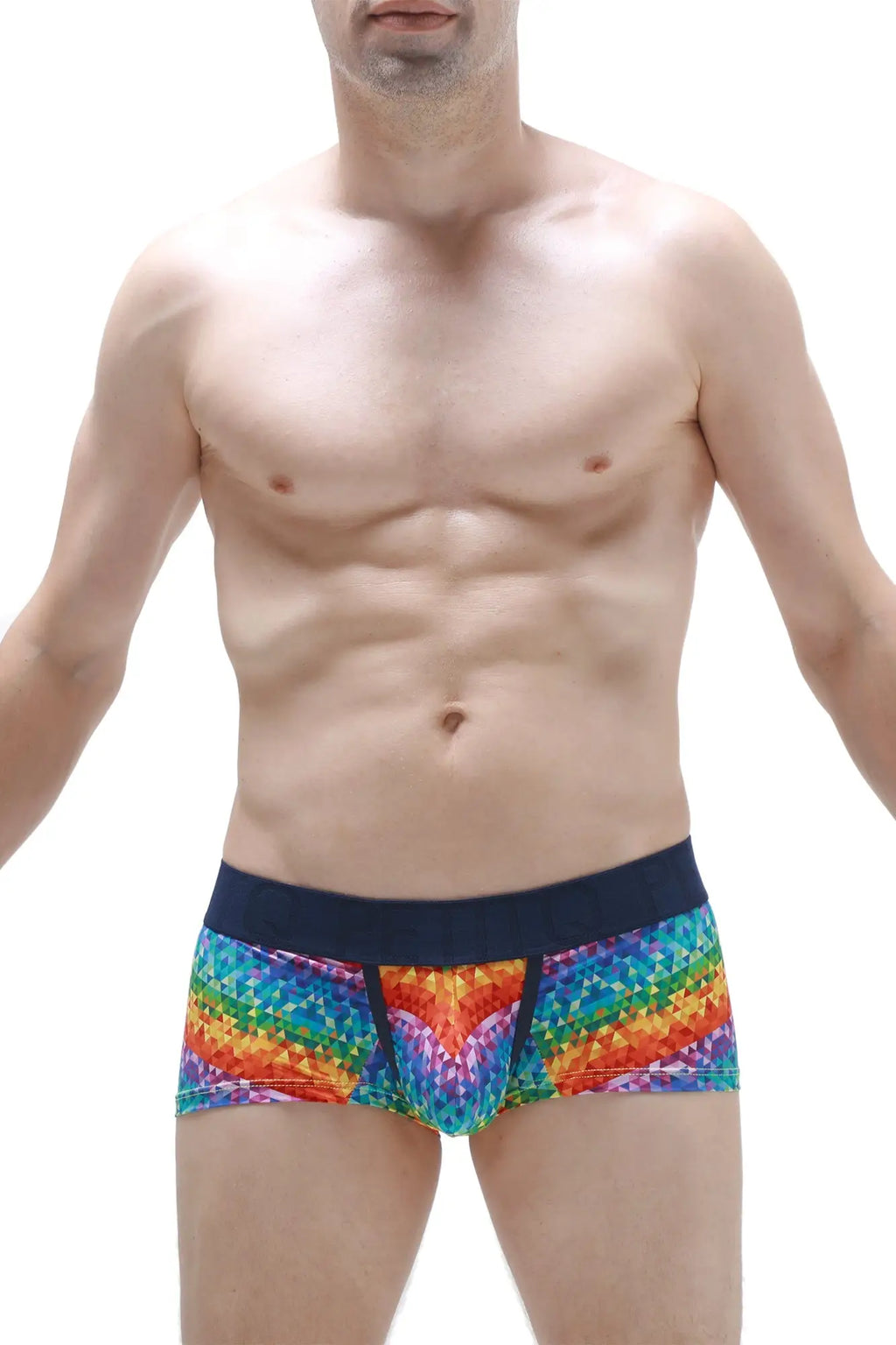 PetitQ boxer brief kaleidoscope rainbow patterned men’s boxer briefs with navy blue waistband and geometric design