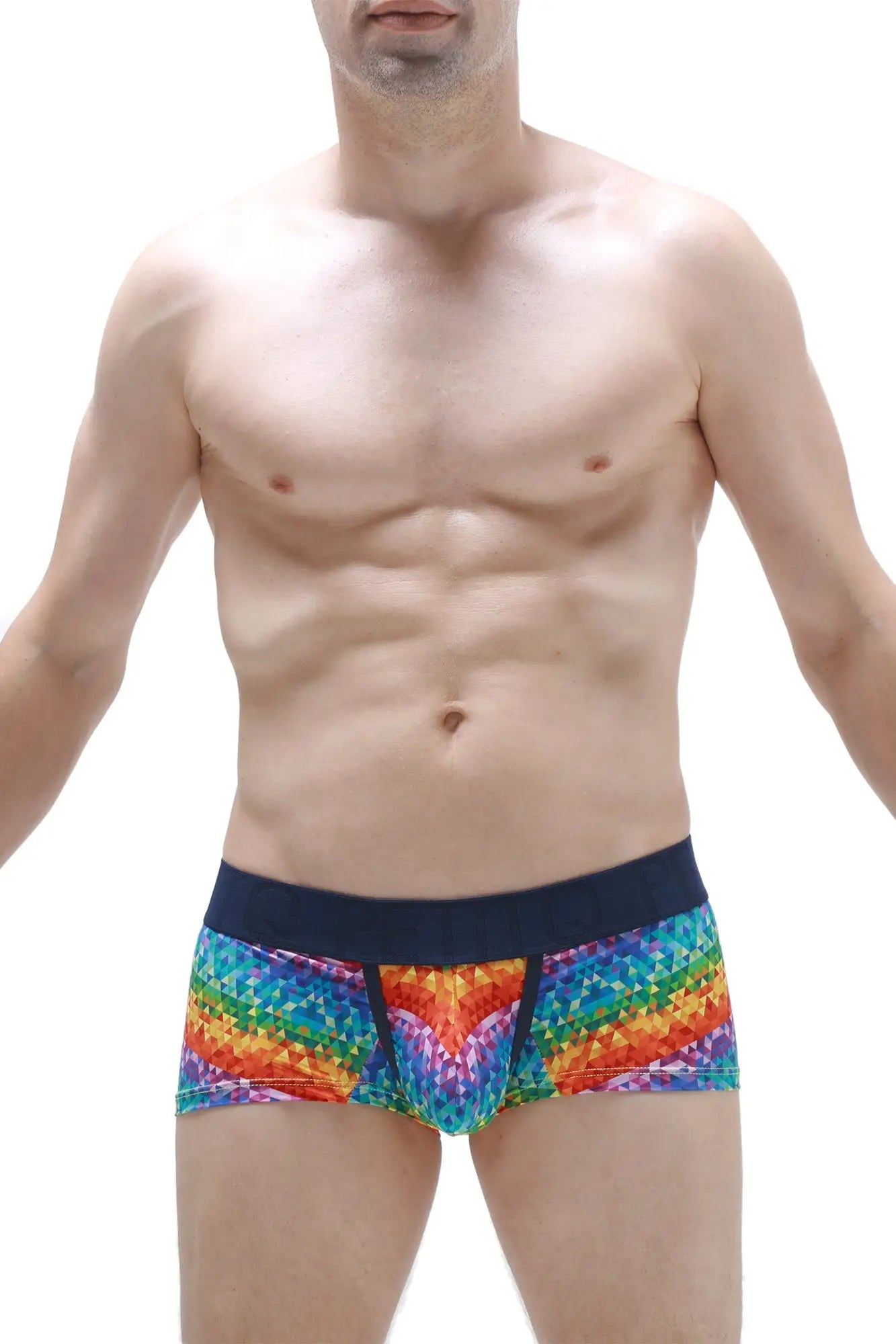 PetitQ boxer brief kaleidoscope rainbow patterned men’s boxer briefs with navy blue waistband and geometric design