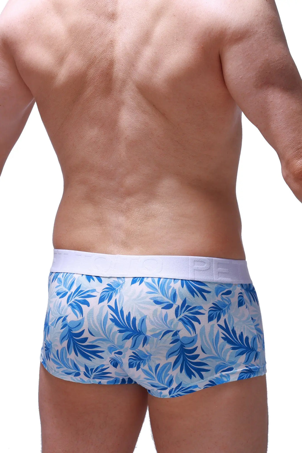 PetitQ boxer brief Maeha in blue and white tropical leaf pattern with solid white elastic waistband for men
