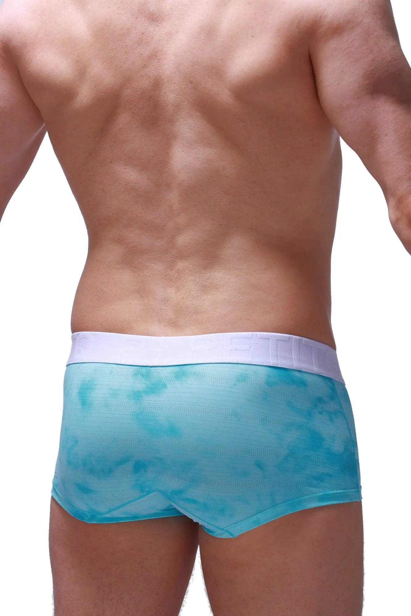 Turquoise tie-dye men’s briefs with white elastic waistband PetitQ boxer brief marbre green front view