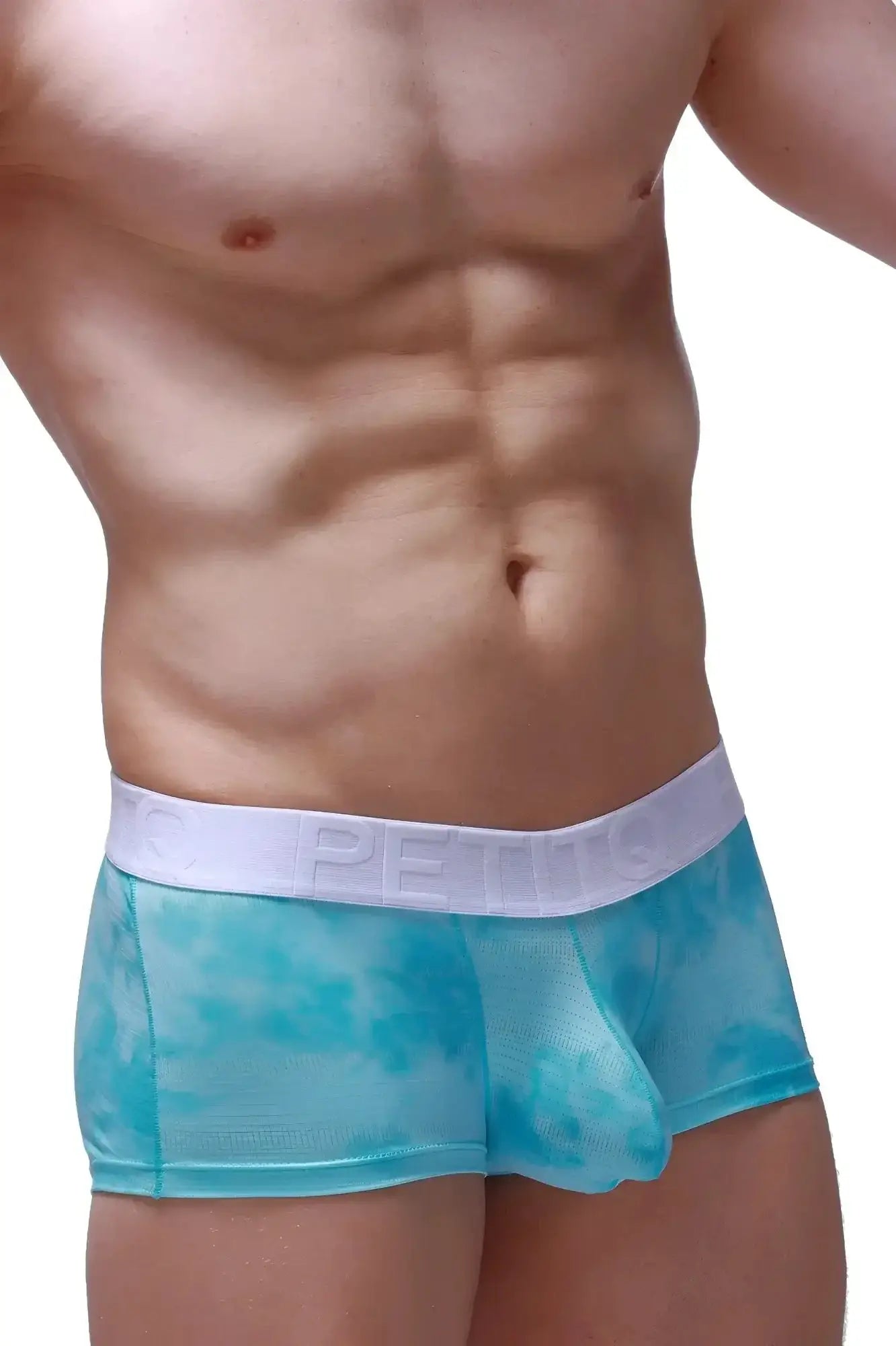 Turquoise tie-dye mesh briefs with white elastic waistband featuring petitq branding from petitq boxer brief marbre green