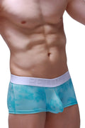 Turquoise tie-dye mesh briefs with white elastic waistband featuring petitq branding from petitq boxer brief marbre green