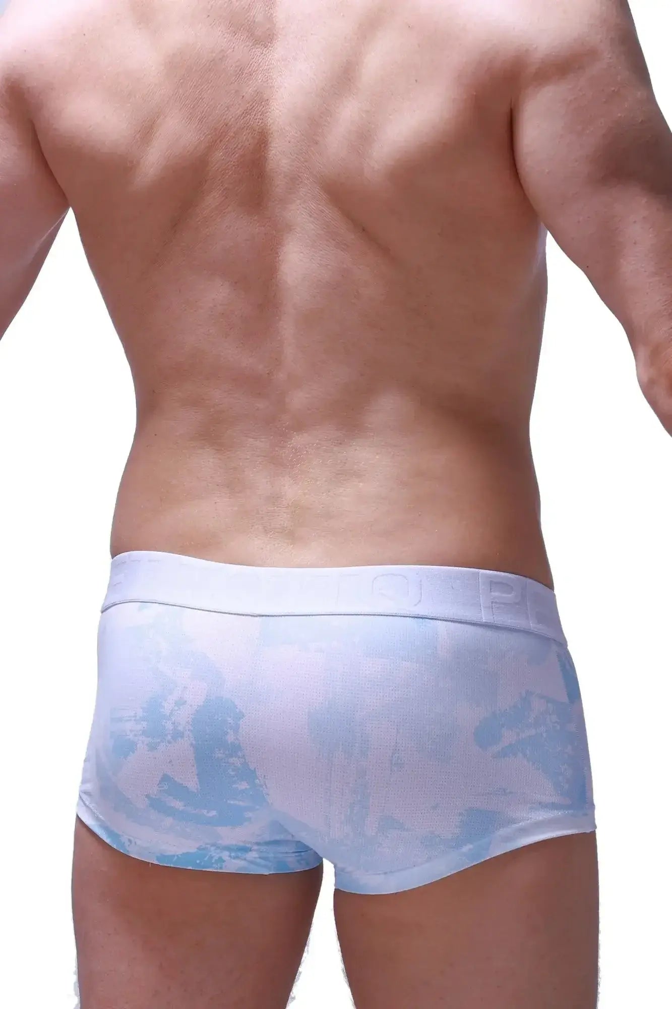 PetitQ boxer brief marbre sky blue men’s briefs with light blue and white abstract pattern and smooth stretchy waistband
