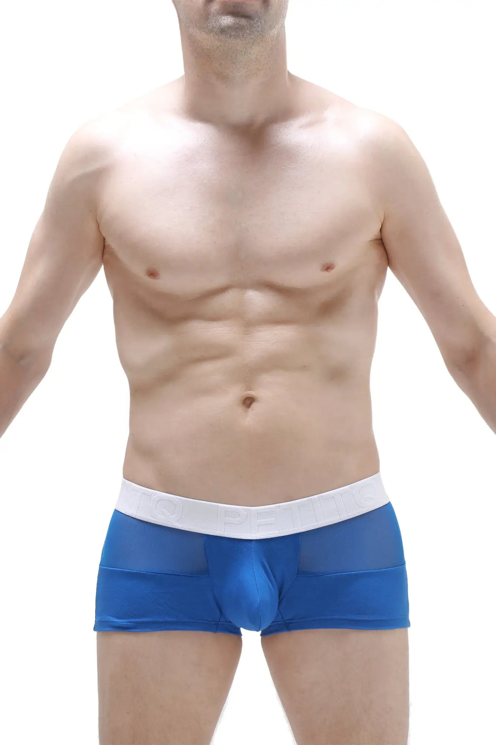 Blue mesh petitq boxer briefs with white waistband featuring breathable fabric for comfortable daily wear