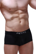 Black mesh petitq boxer briefs with sleek modern design and white embroidered logo on waistband