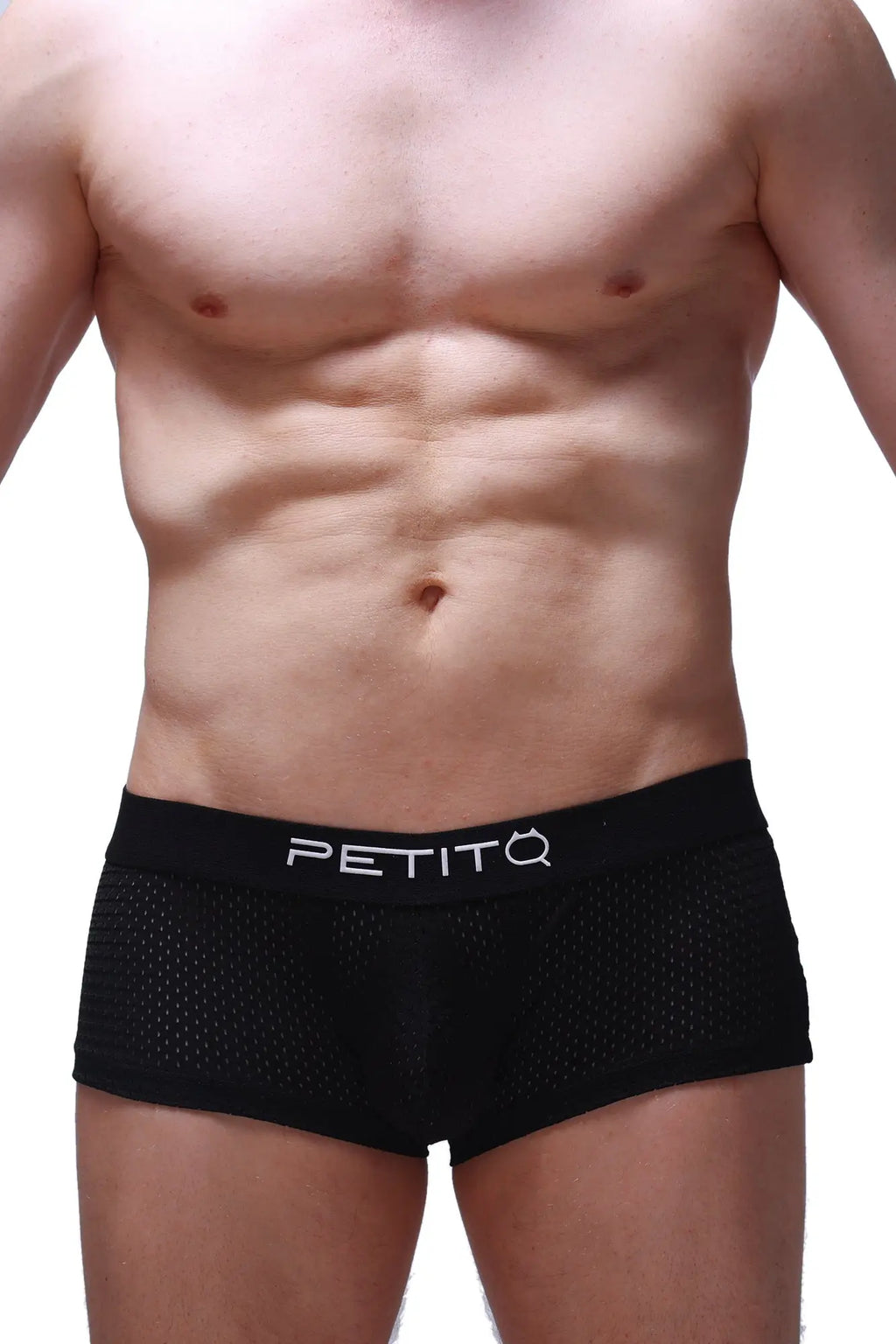 Black mesh petitq boxer briefs with white logo on waistband breathable fabric for comfortable fit