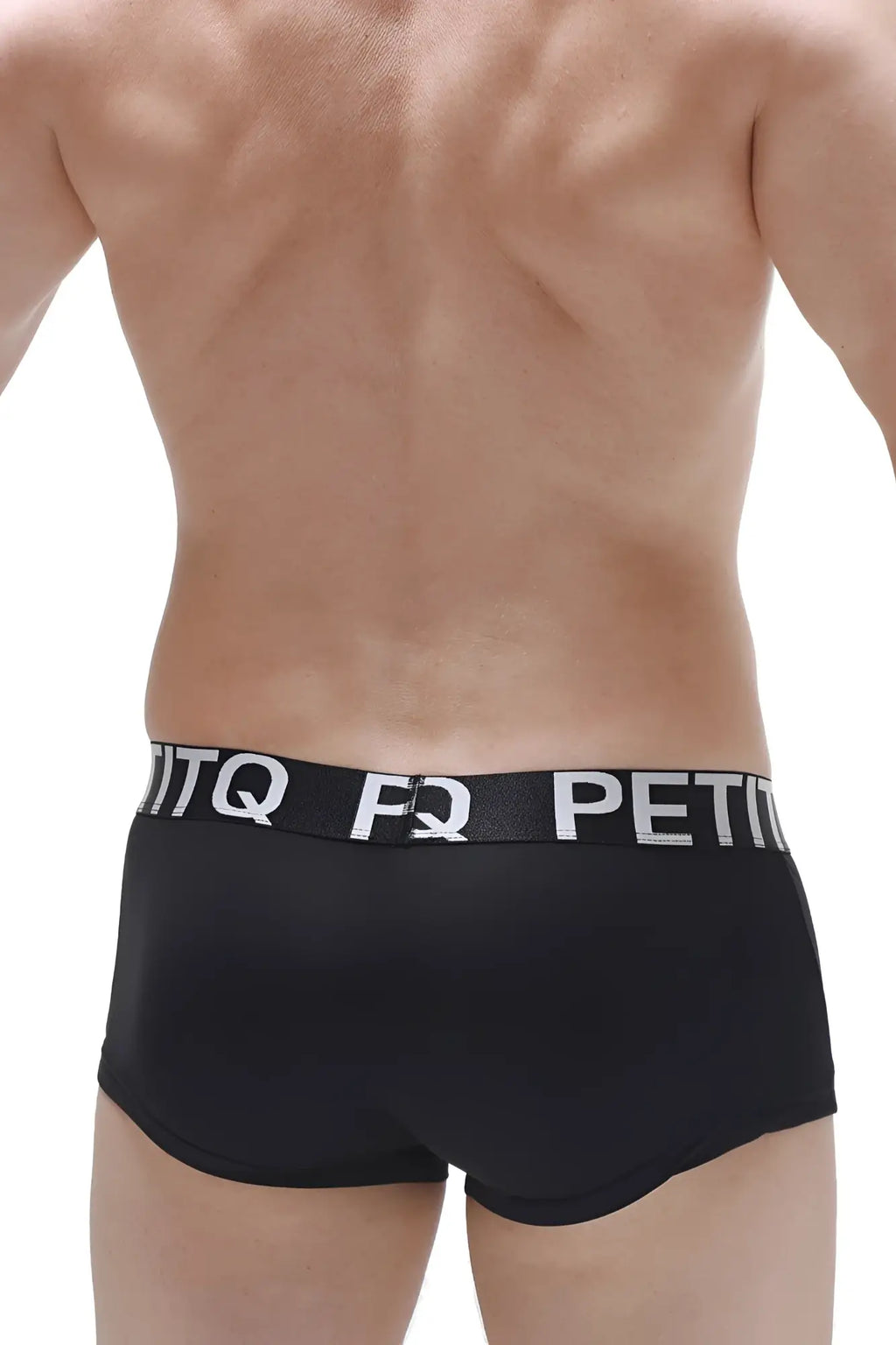 Black men’s boxer briefs in plum black with white elastic waistband featuring petitq brand name in bold letters