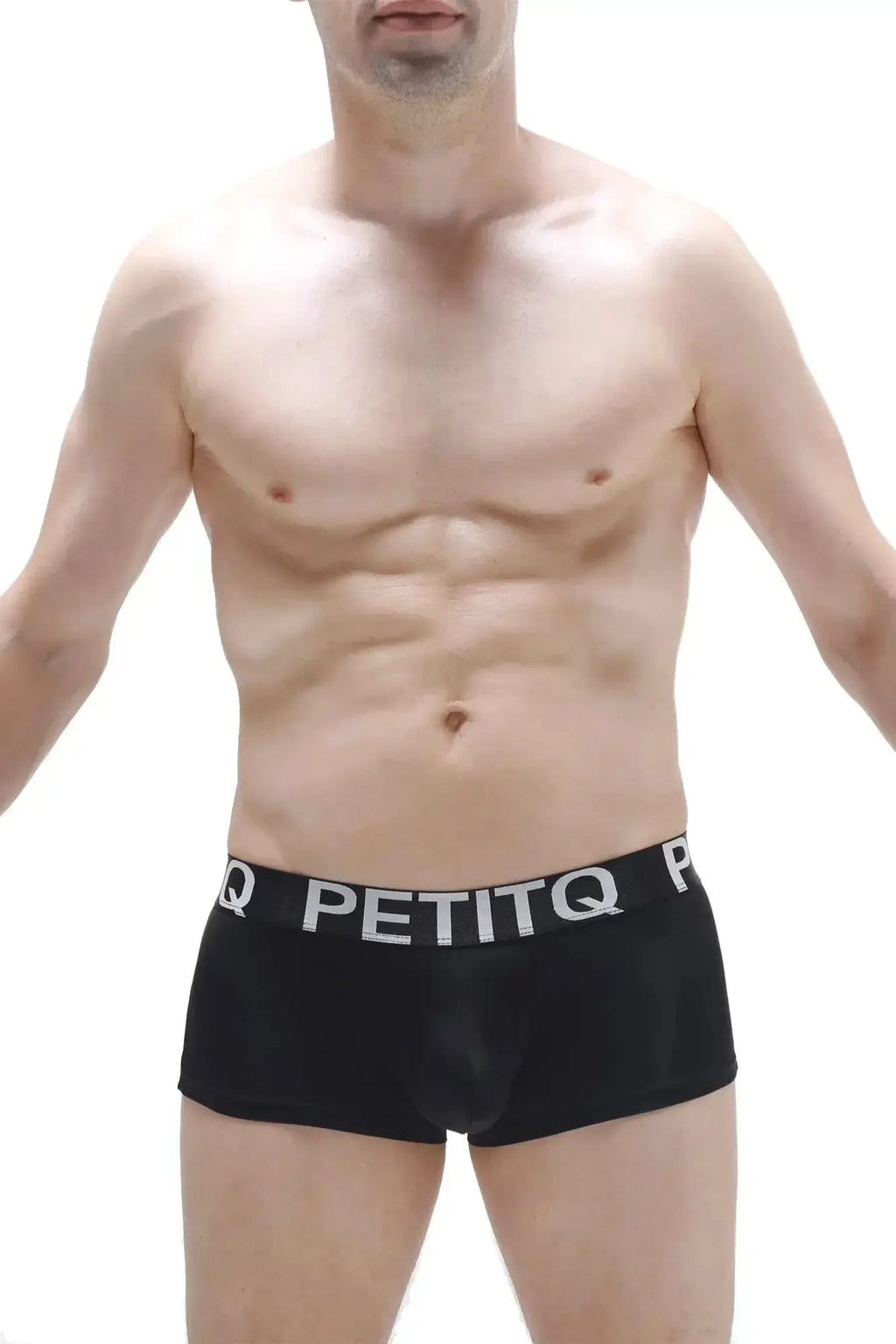 Black men’s petitq boxer briefs in plum black with a white logo waistband, breathable cotton blend fabric
