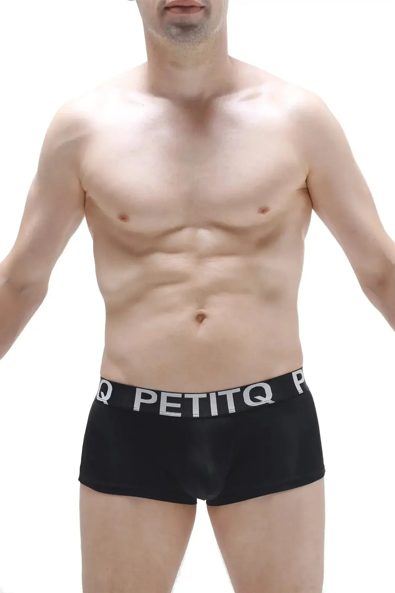 Black men’s petitq boxer briefs in plum black with a white logo waistband, breathable cotton blend fabric