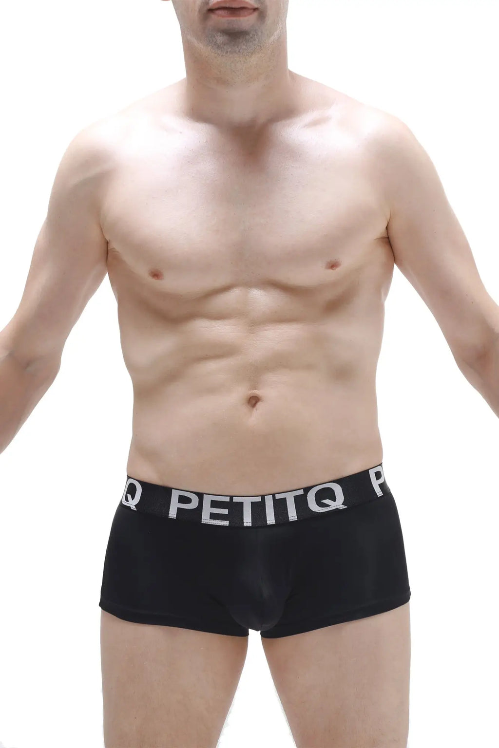 Black men’s petitq boxer briefs in plum black with a white logo waistband, breathable cotton blend fabric