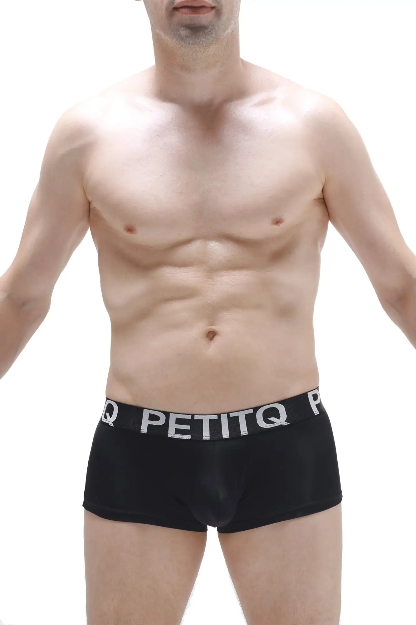 Black men’s petitq boxer briefs in plum black with a white logo waistband, breathable cotton blend fabric