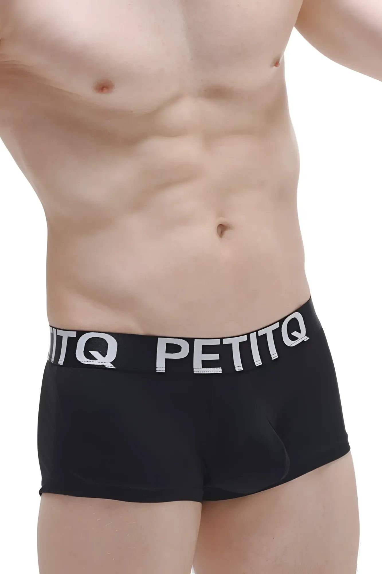 Black PetitQ boxer briefs with white elastic waistband featuring bold brand name for comfortable everyday wear