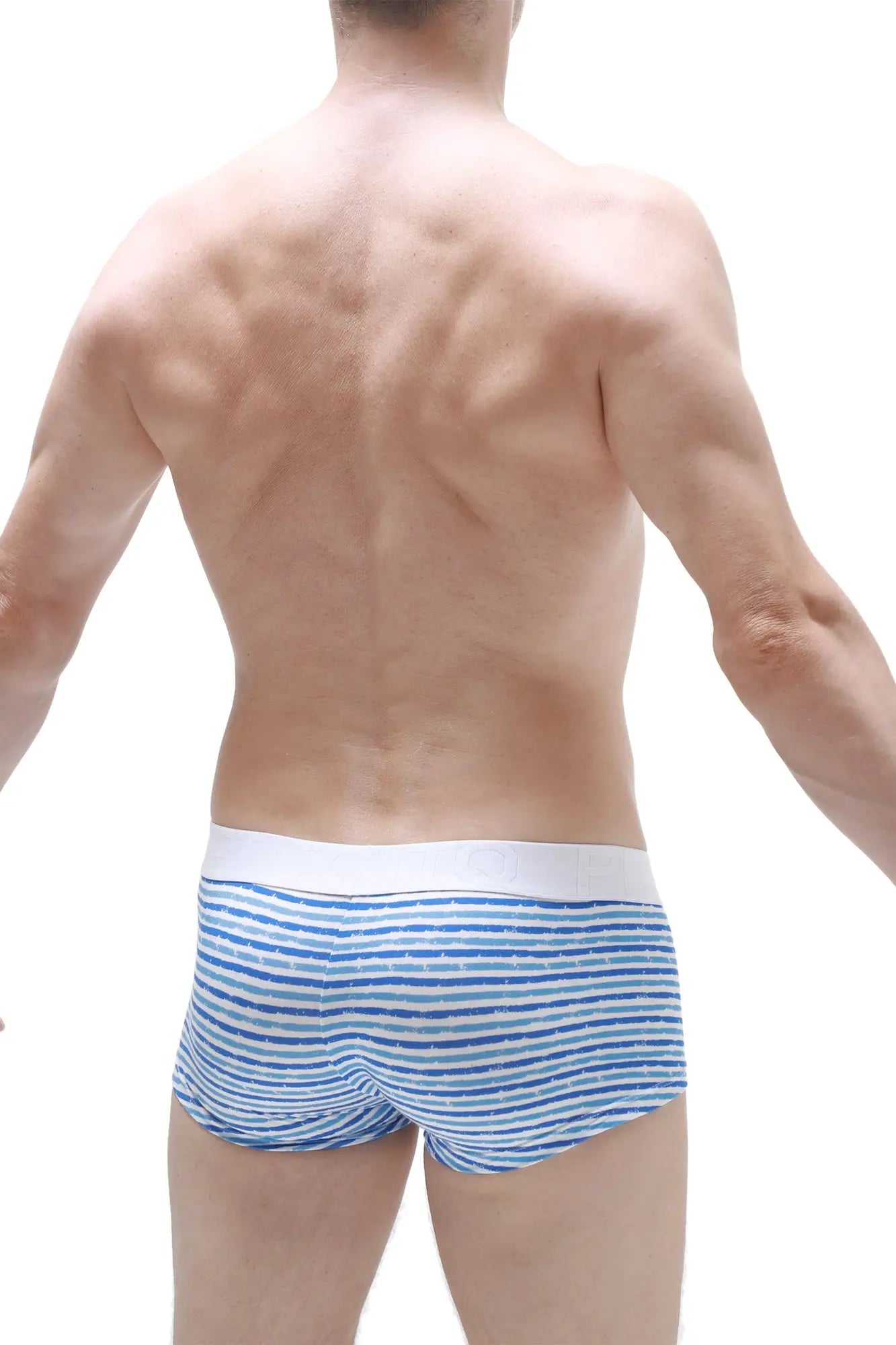 Petitq boxer brief taik malo featuring blue and white striped fabric with a solid white waistband for men