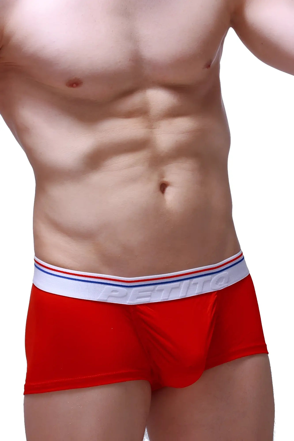 Red petitq boxer brief taik modal in red with white elastic waistband featuring red and blue stripes and silver logo