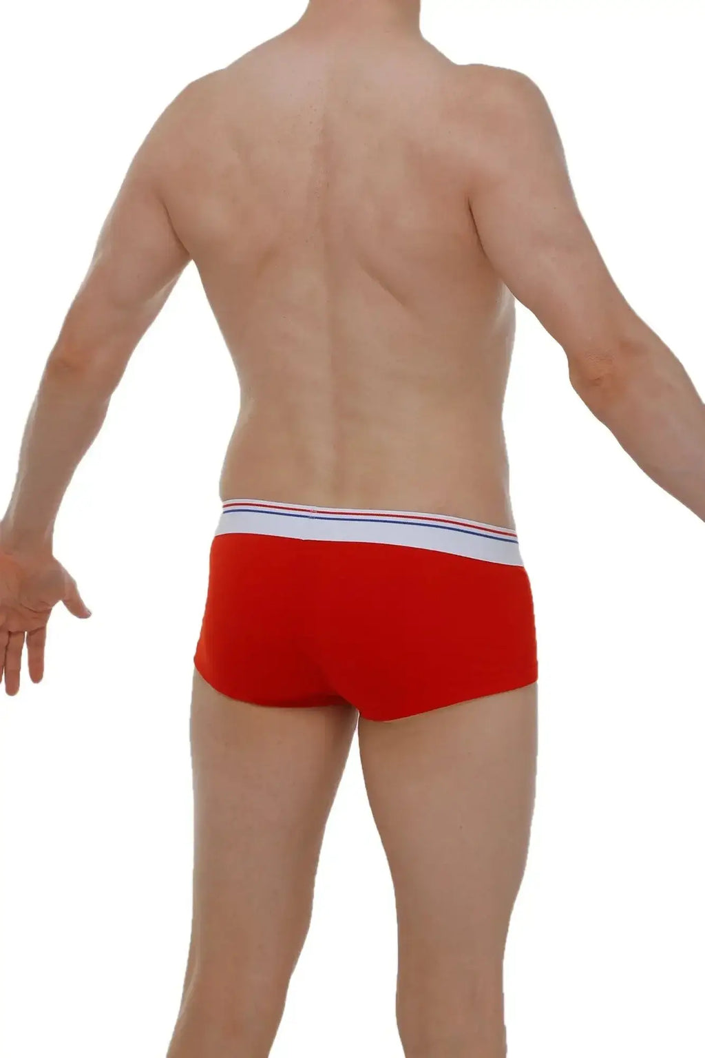 Red petitq boxer brief taik modal with white waistband and thin blue and red stripes front view