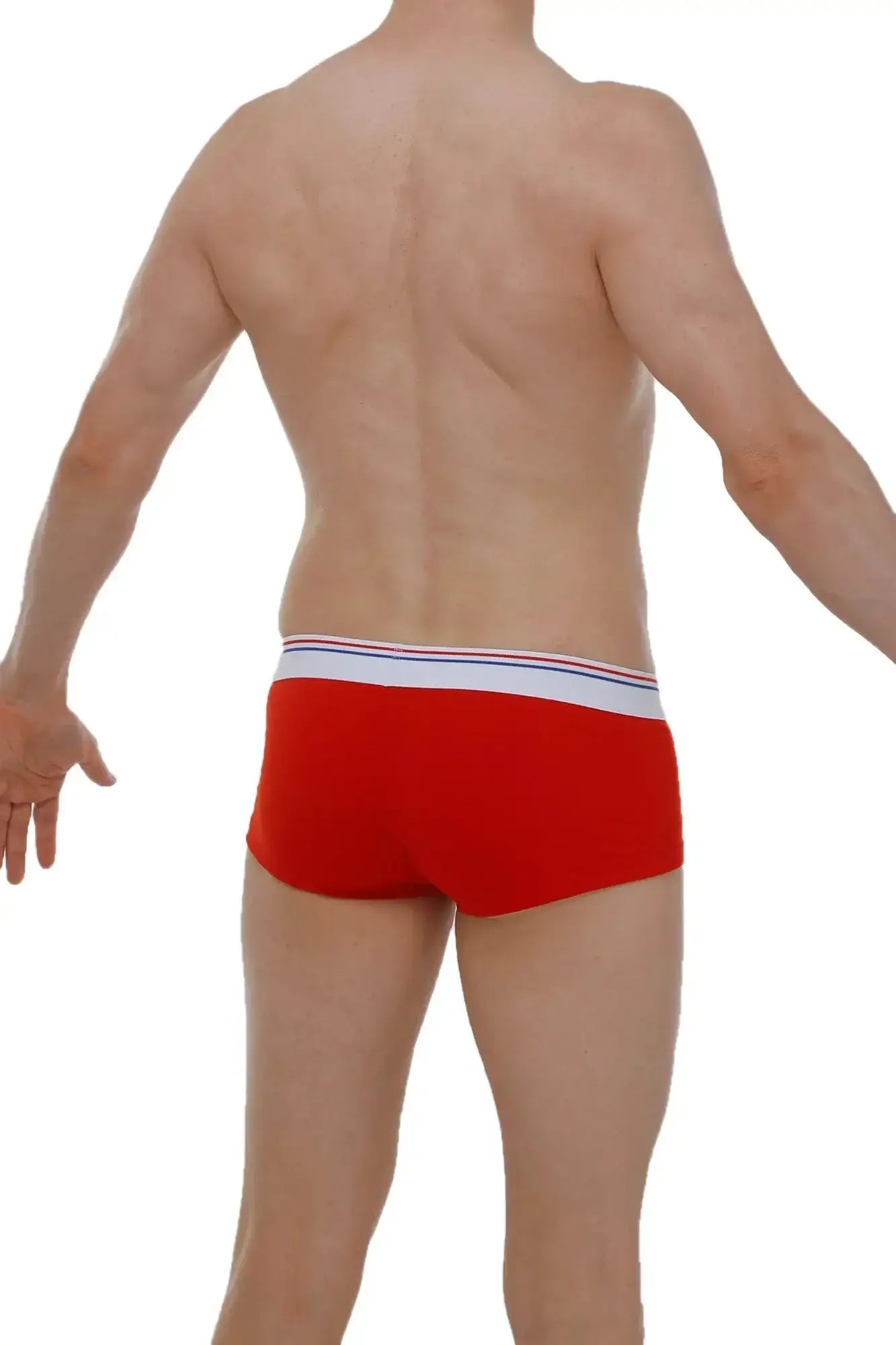 Red petitq boxer brief taik modal with white waistband and thin blue and red stripes front view